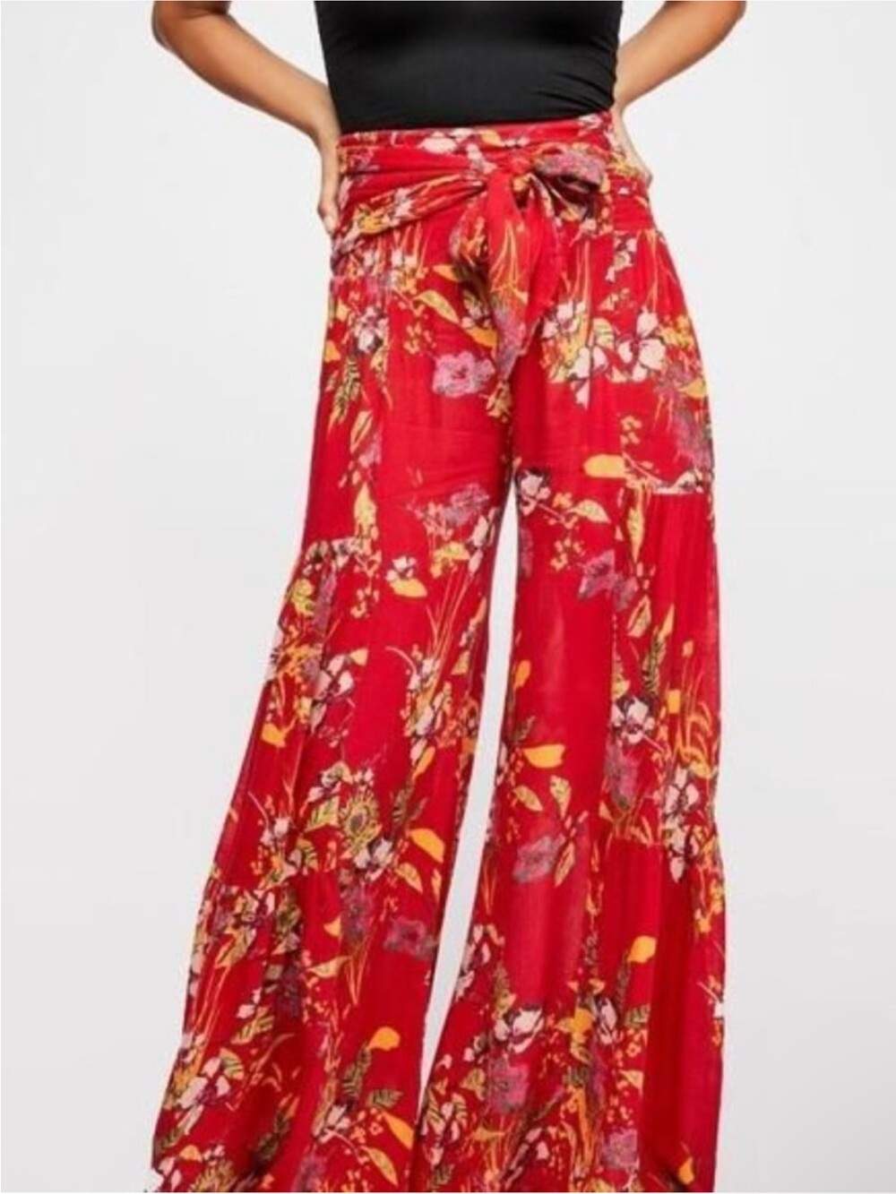 New! Free People FP One Aloha Printed Wide-Leg Pants Red Size S 25799 - Picture 3 of 16